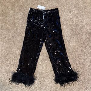 Elegant Black Sequin Women's Pants with Feather Trim
